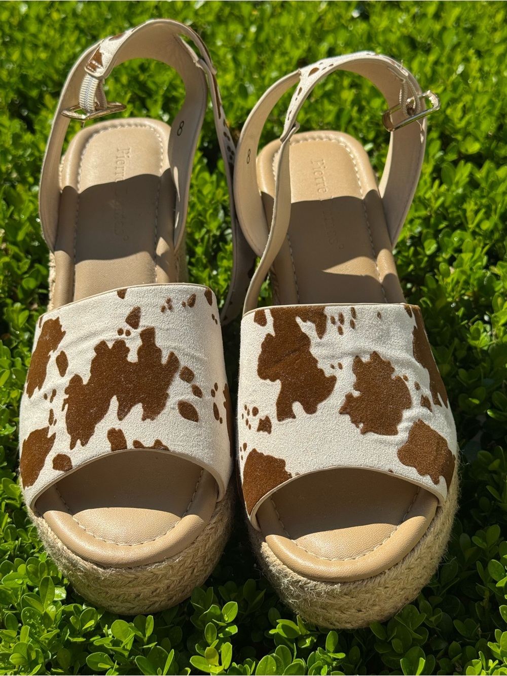 Pierre Dumas Cream & Brown Cow Print Espadrille Platform Sandals